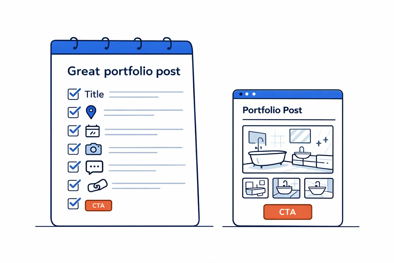 Checklist of what to include in a portfolio post: location, photos, details, testimonial, links and call to action