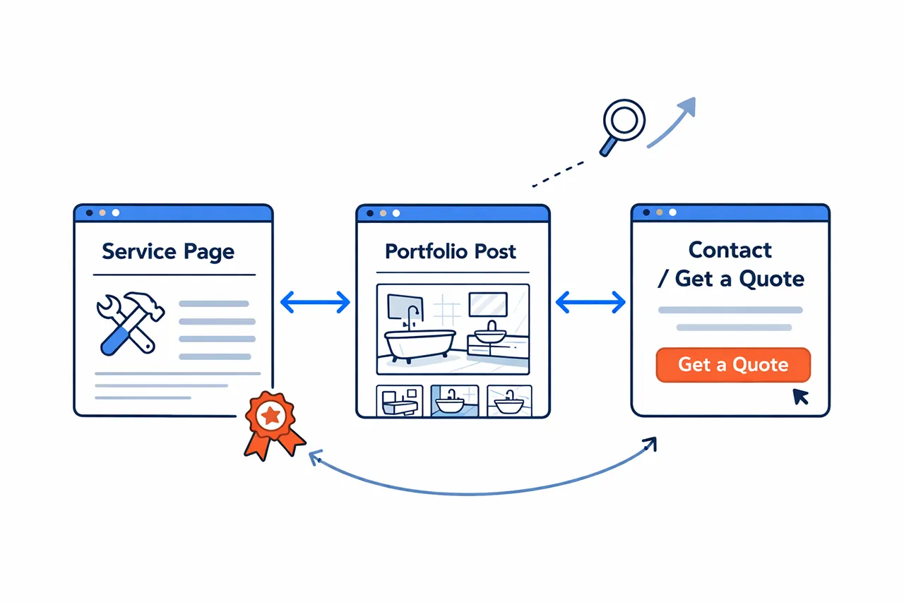 Website structure diagram showing internal links between service pages, portfolio posts and the contact page
