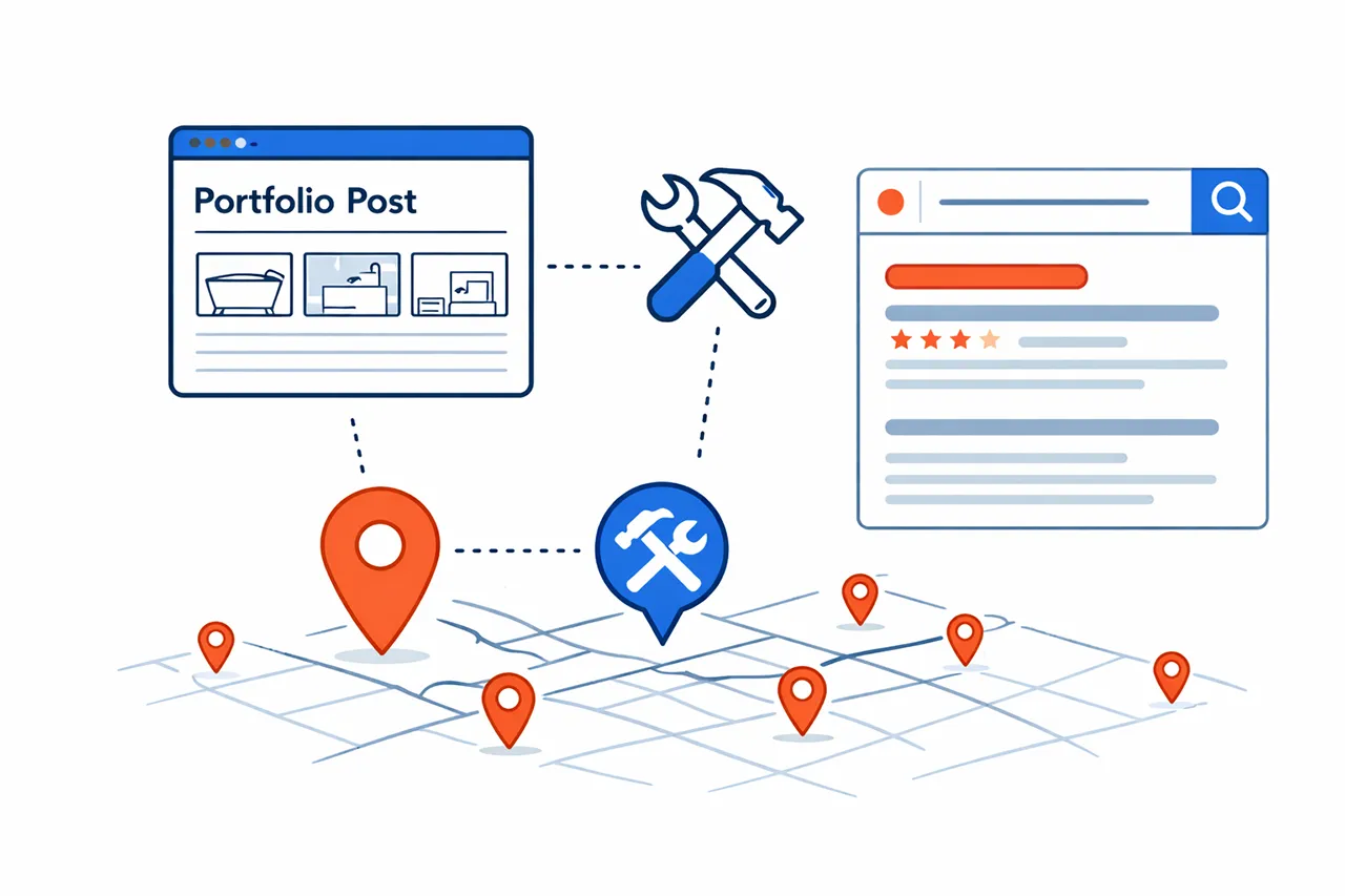 Portfolio post linked to a service and a location pin to show how project pages support local SEO