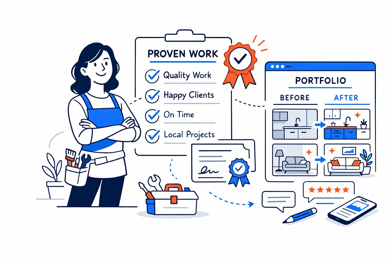 Portfolio project page with a checklist and badge showing experience, expertise and credibility