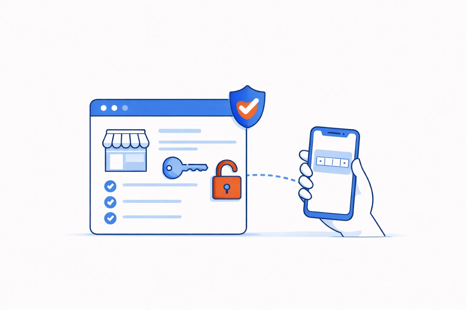 Business profile card being claimed and verified with key and lock, plus a phone showing a one-time code linked to the profile.