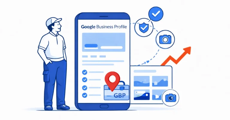 UK small business owner next to a Google Business Profile-style dashboard on a phone, with icons for location, verification and photos plus a growth arrow.