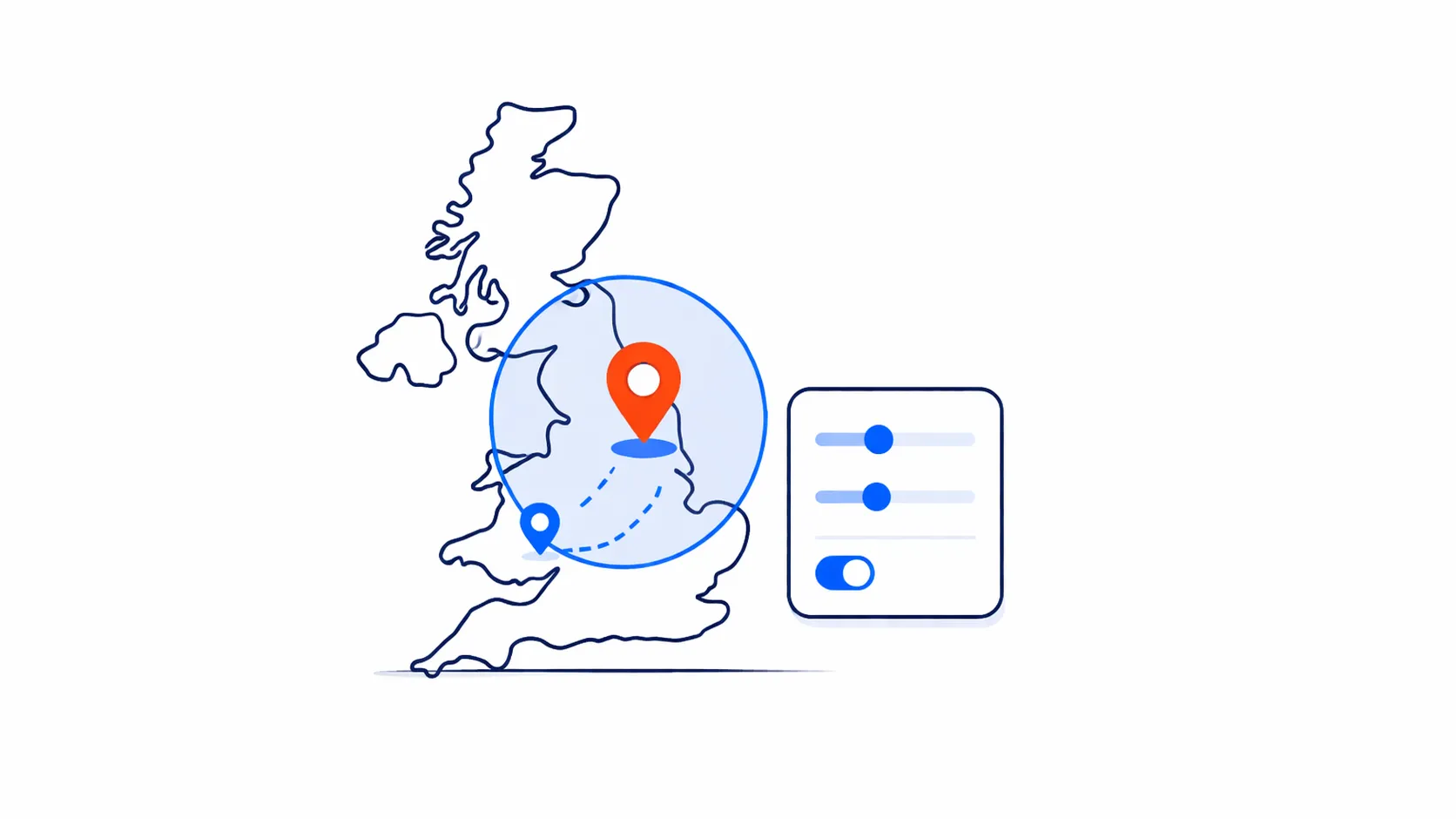 Simplified UK map with a service area radius around a location pin, a dotted travel route, and a settings slider card.