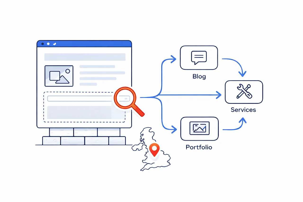 Website page connected to a UK map pin and simplified UK outline, with a search bar and tidy internal links between blog, service and portfolio.
