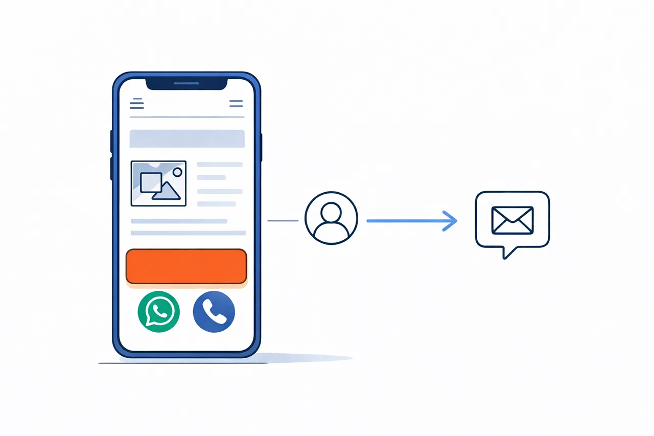 Mobile website screen with a sticky CTA button area, WhatsApp-style chat icon and click-to-call handset, showing visitor-to-enquiry flow.
