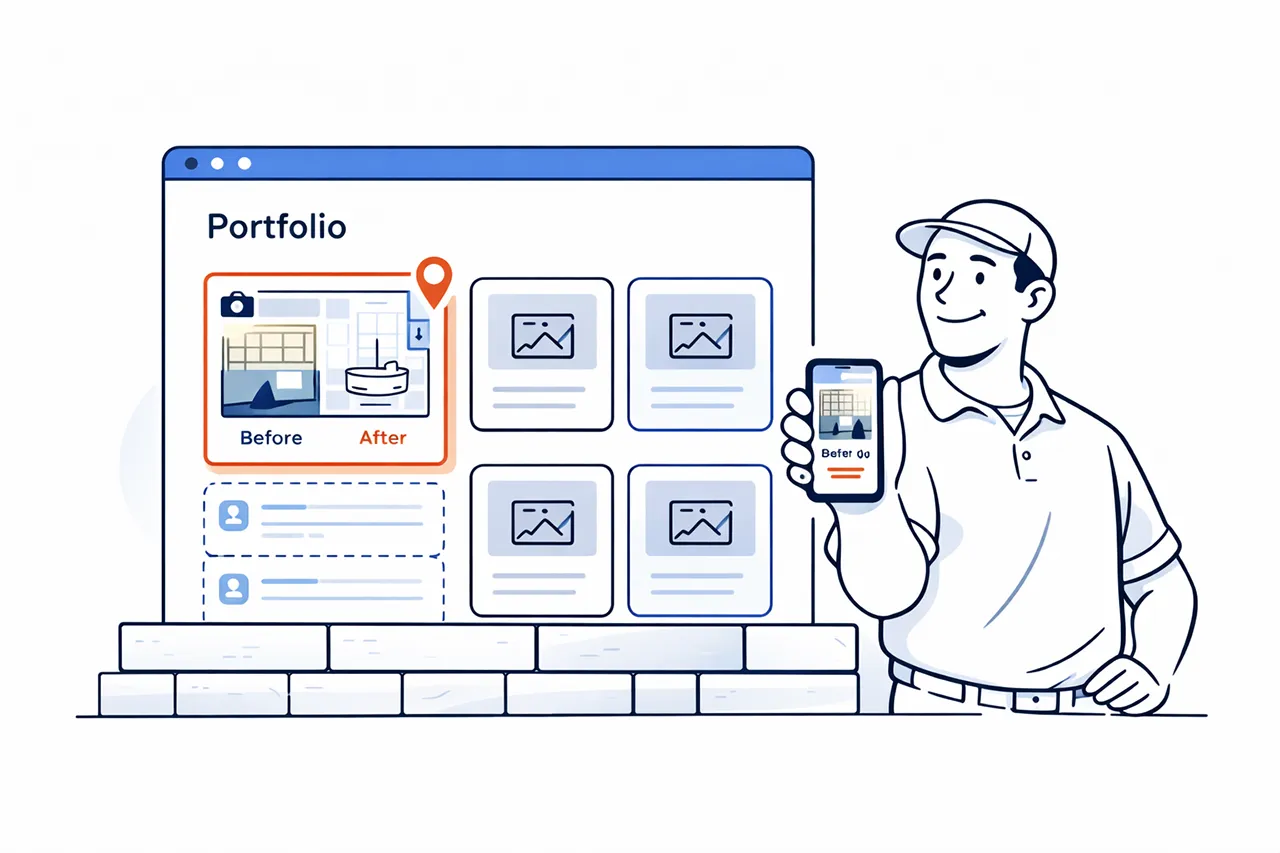 Portfolio grid with one featured case study card enlarged, showing before/after and a location pin, plus an owner holding a phone.