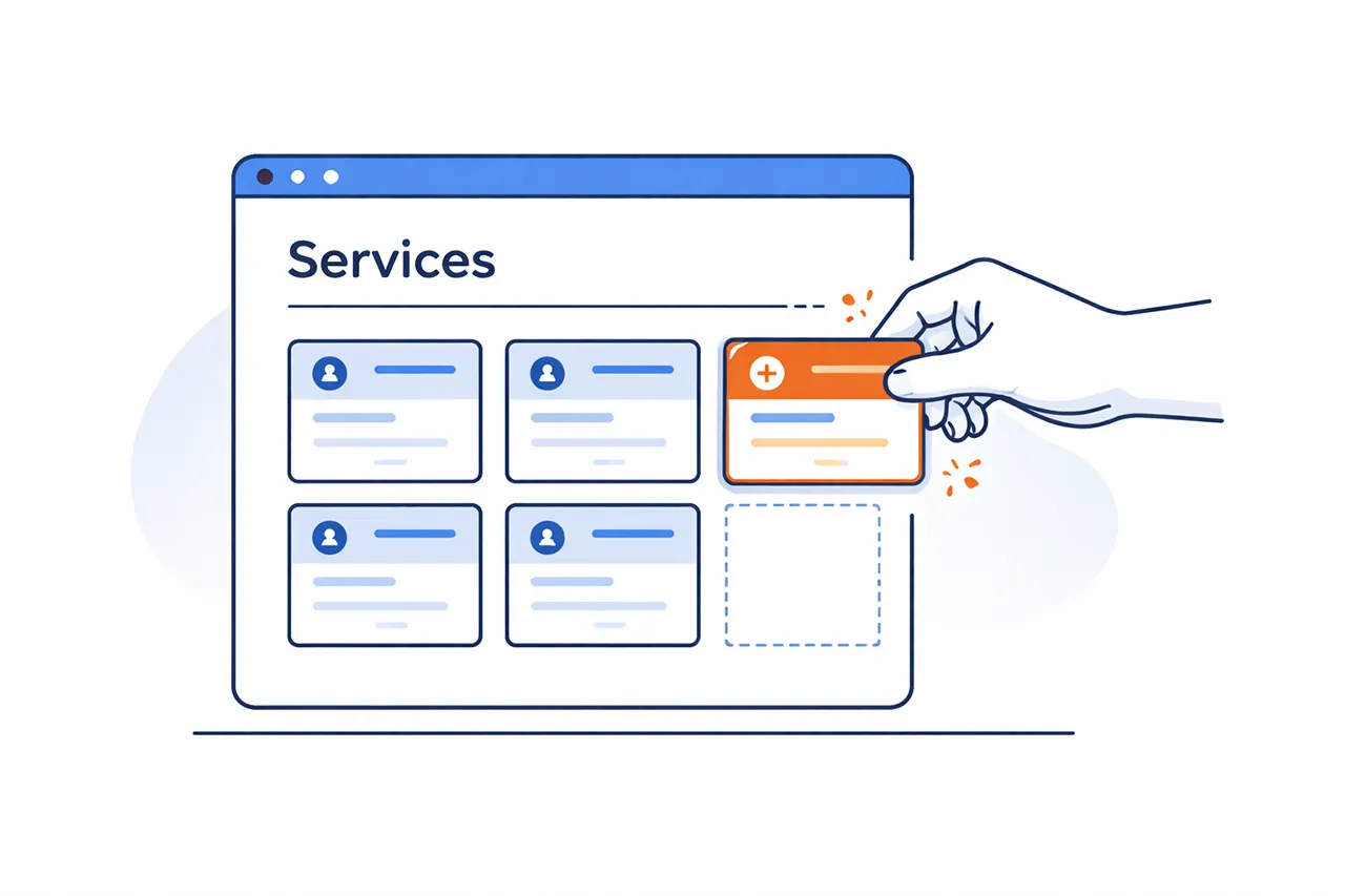 Services page grid where a hand places a new service card into an empty slot, with a neat snap effect and aligned layout.