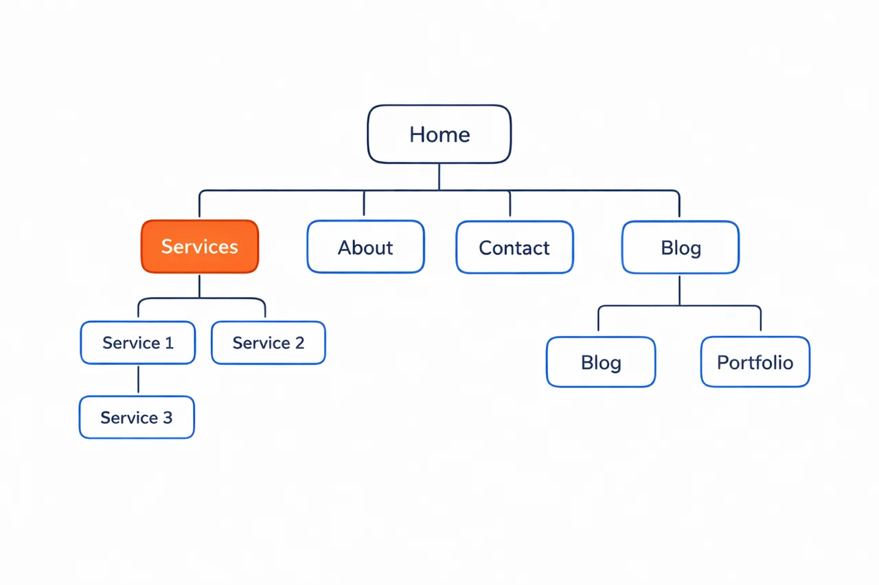 Clean sitemap diagram with Home branching to Services, About and Contact, plus optional Blog and Portfolio, with Services highlighted.