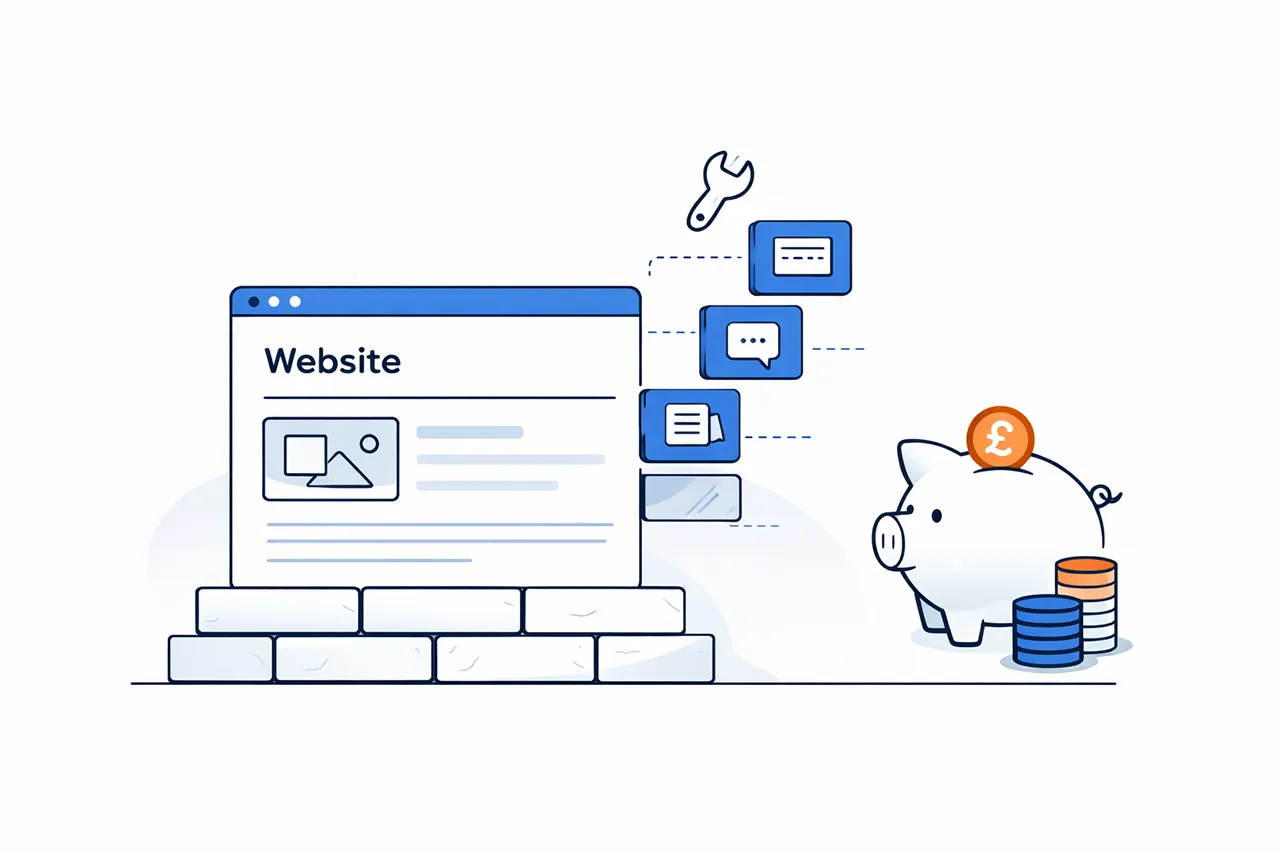 Website panel on a brick foundation with upgrade blocks added above, alongside a stable piggy bank and a small wrench icon.