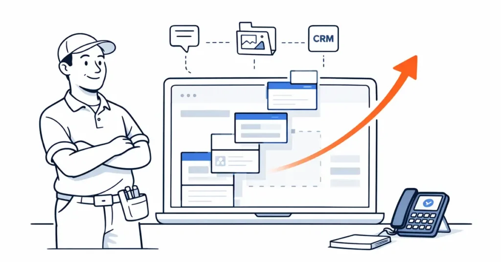 Small business owner beside a website wireframe growing with modular blocks, with connected icons for blog, portfolio, chat and CRM.