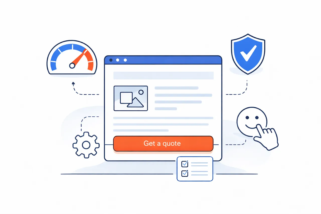 Clean website window surrounded by icons for speed gauge, security shield, usability smiley, maintenance cog and a confirmation check mark.